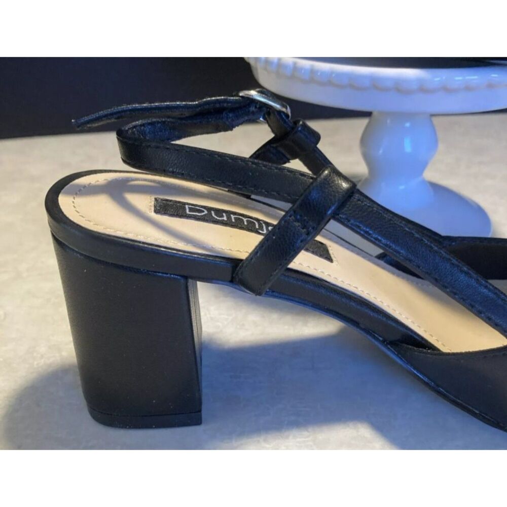 DUMJEY Black Sz 8 1/2 Faux Leather Slingback 2 Tone Close Toe Chunky Block Heels - Picture 6 of 8